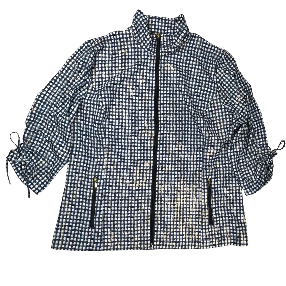 Chicos Zenergy Jacket Women Large Blue White Gingham Gold Metallic Zip Up Casual